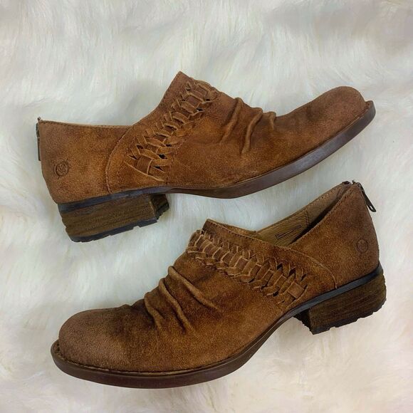 Børn Shoes - Born Brown Suede Leather Stacked Heel Ankle Booties Size 8M Womens